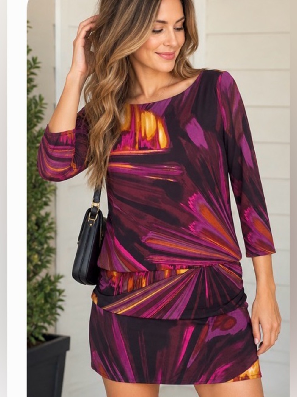 Worthington Purple and Gold Abstract Boatneck Tunic